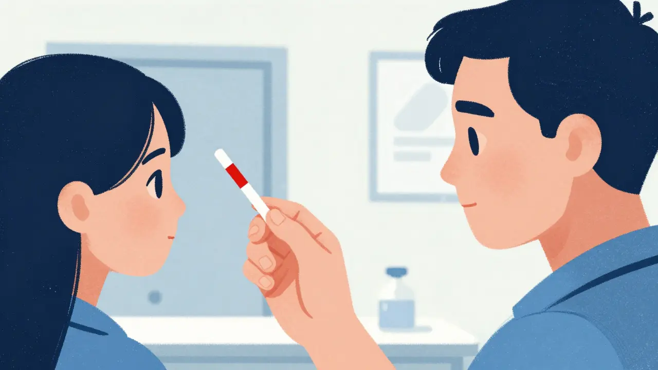 Patient checking blood test strip with caution in bold cartoon style.