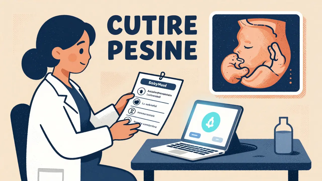 Pharmacist giving a pregnant woman a safe medication chart with BabyMed app visible.