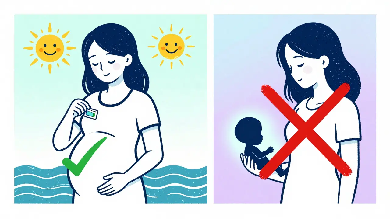 Split illustration: safe acetaminophen use vs. avoided NSAIDs during pregnancy.