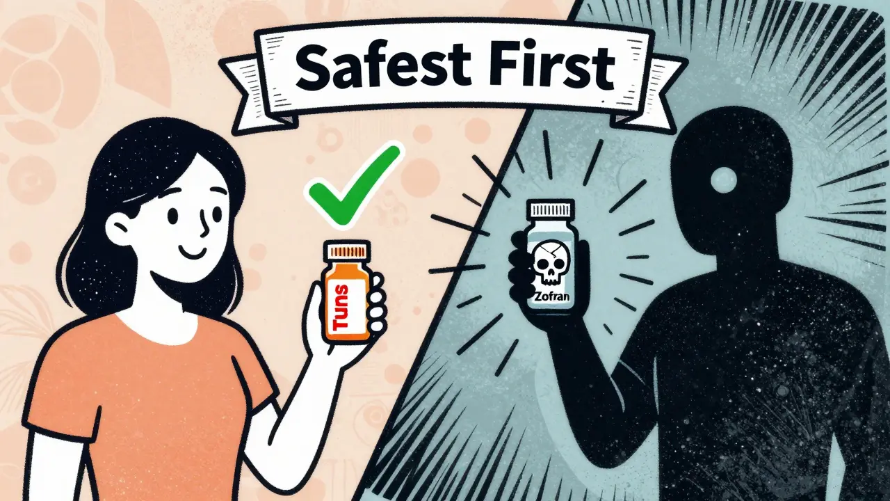 Split image: safe pregnancy nausea treatment with Tums vs. risky Zofran with warning symbols.