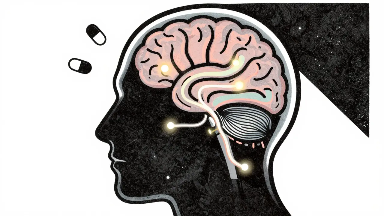 Stylized brain illustration with medication concept nearby.