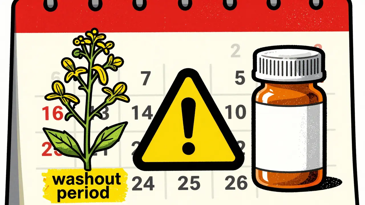 A calendar highlighting a 14-day gap between a herbal plant and a medication bottle.