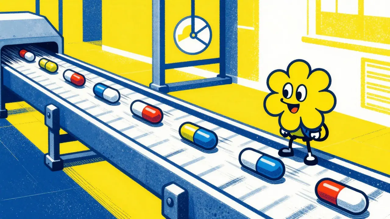A conveyor belt speeding medicine capsules away, triggered by a small yellow flower.