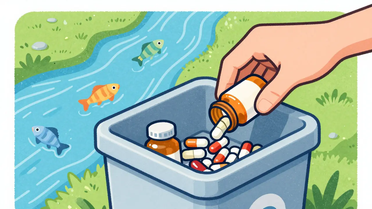A hand placing expired medications into a safe drug take-back collection bin.