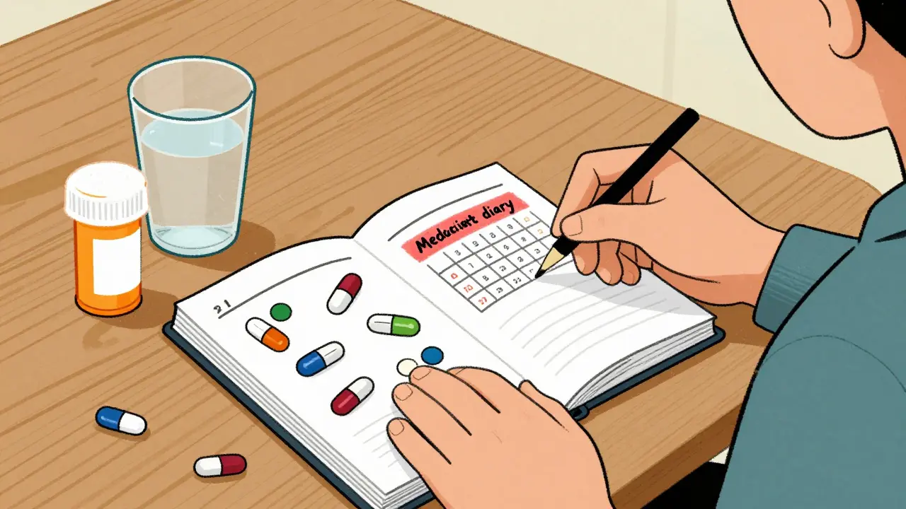 A person recording medication changes and symptoms in a handwritten diary