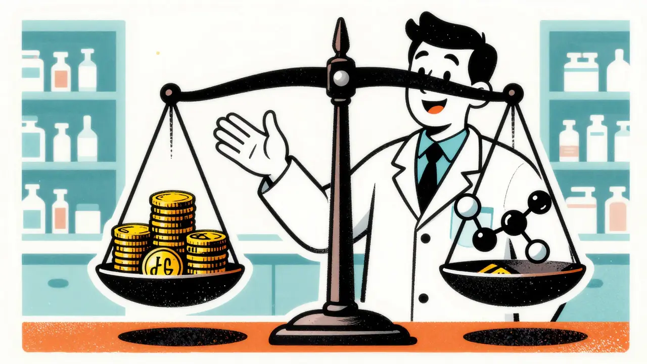 A pharmacist with a scale balancing cost savings and chemical identity.