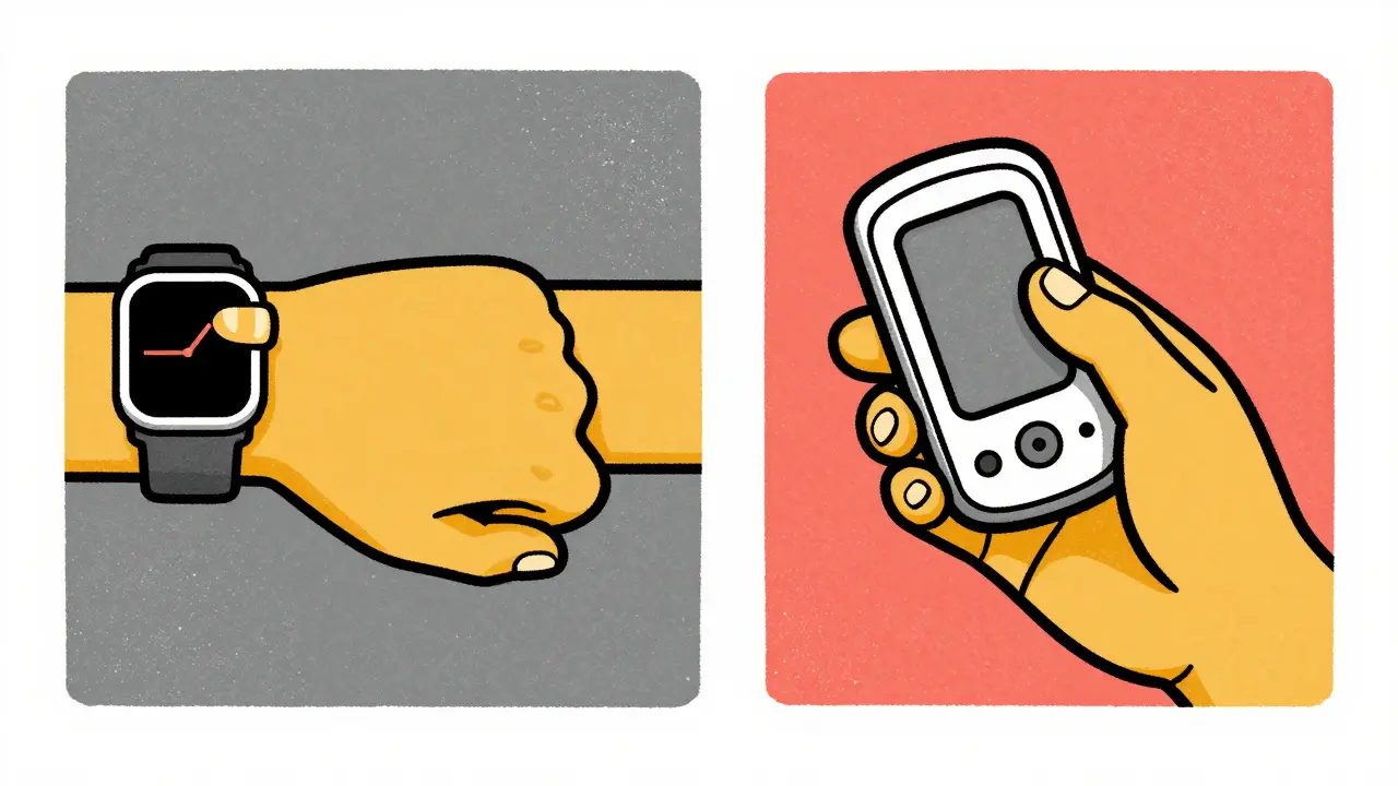 Comparison illustration of a smartwatch and a handheld ECG device being used by a person.