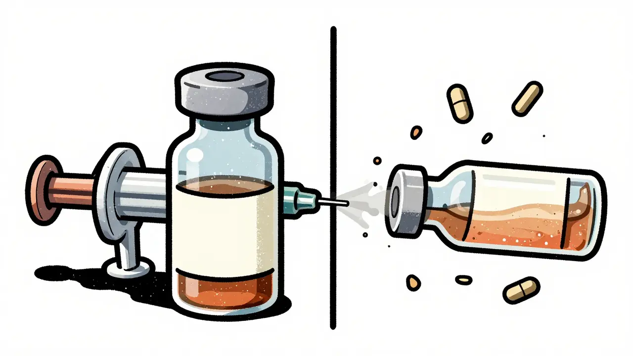 Conceptual illustration of an auto-injector and insulin showing loss of potency.