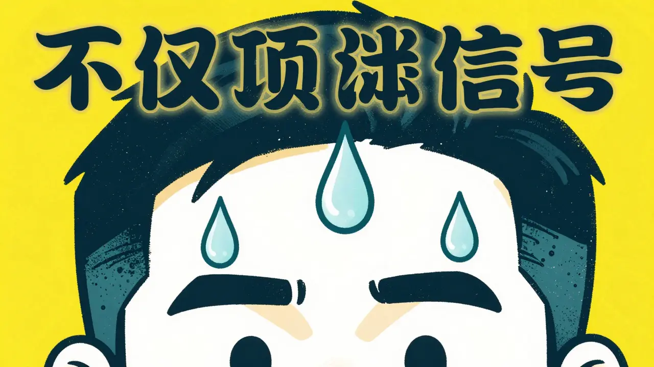 Graphic illustration of a forehead with large droplets of sweat on a yellow background.