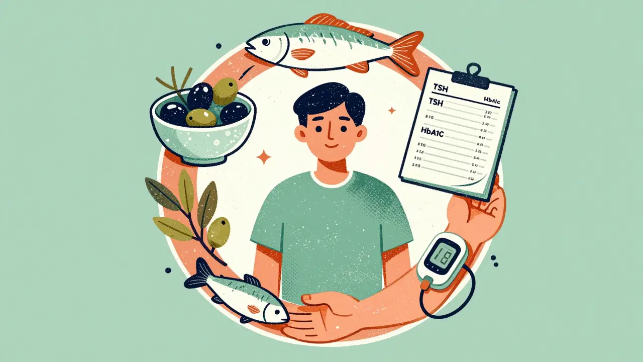 Graphic illustration of a person surrounded by healthy food, a CGM, and medical charts.