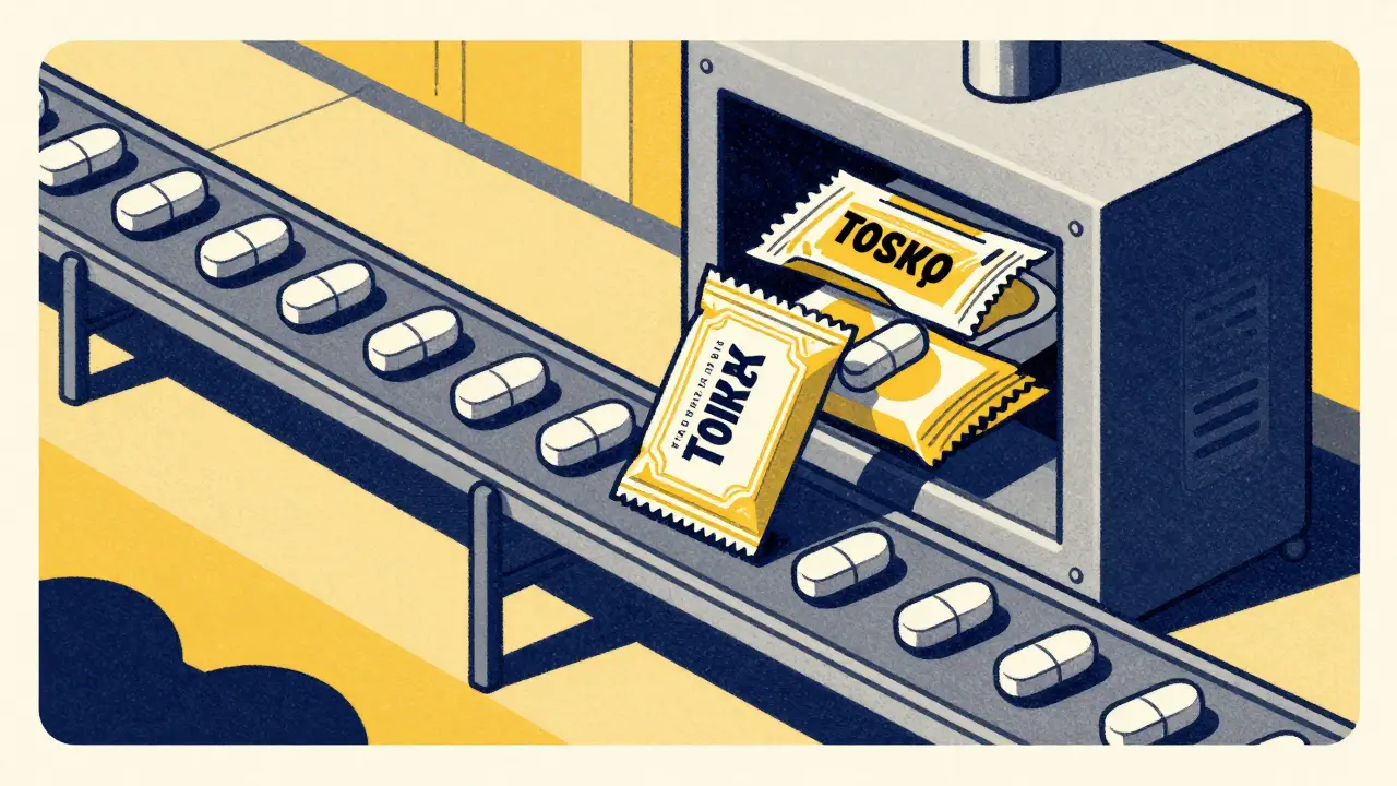 Identical pills being sorted into different brand and generic packaging in a factory.