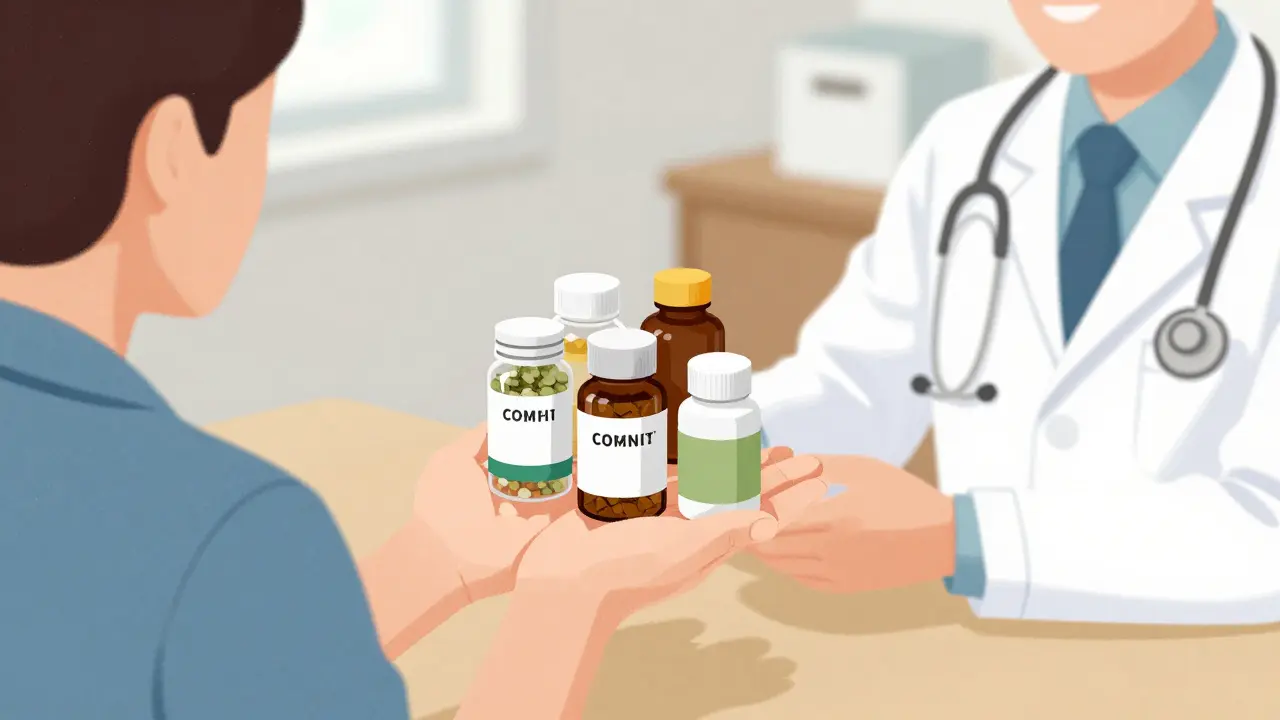 Illustration of a person showing herbal supplement bottles to their doctor.