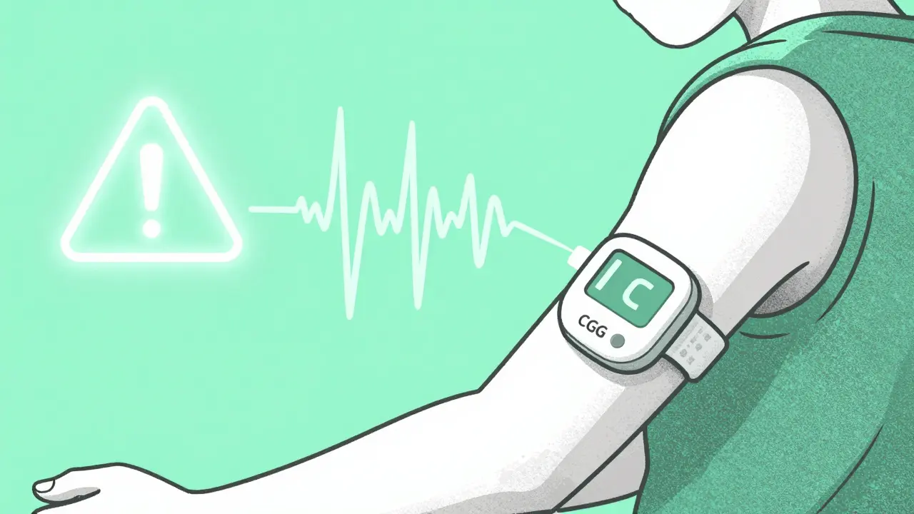 Person wearing a CGM sensor with a digital signal wave indicating a glucose alert.