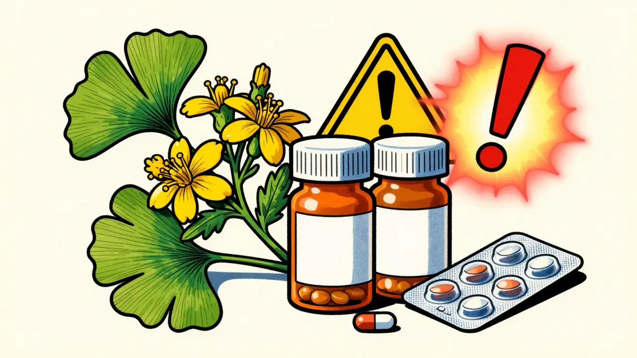 Screenprint art of Ginkgo leaves, St. John's Wort, and medication bottles with a warning symbol.