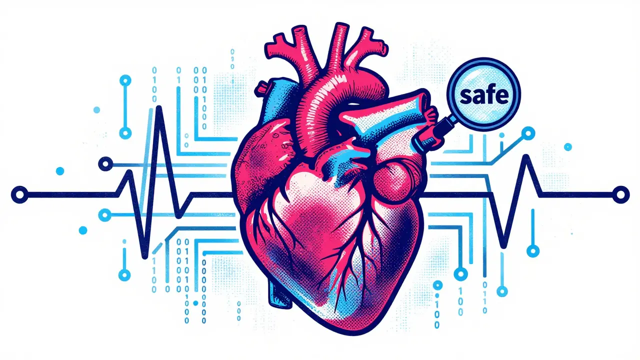 Stylized heart surrounded by AI neural networks and digital circuitry in a screenprint style.