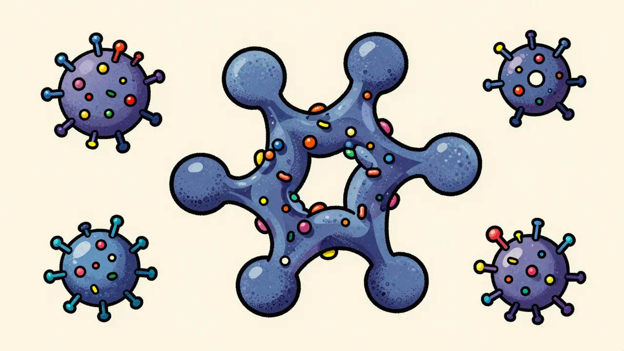 Stylized protein molecule with varying sugar attachments illustrating glycosylation.
