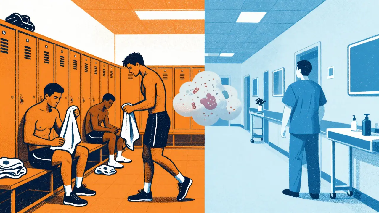 Artistic depiction of MRSA spreading between gym locker rooms and hospital corridors.