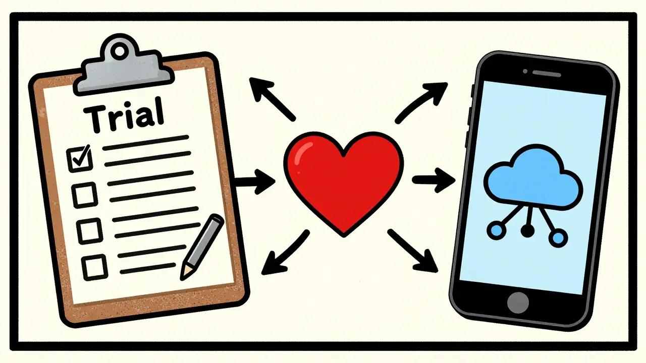 Clipboard and phone merging into a heart symbol in screenprint art