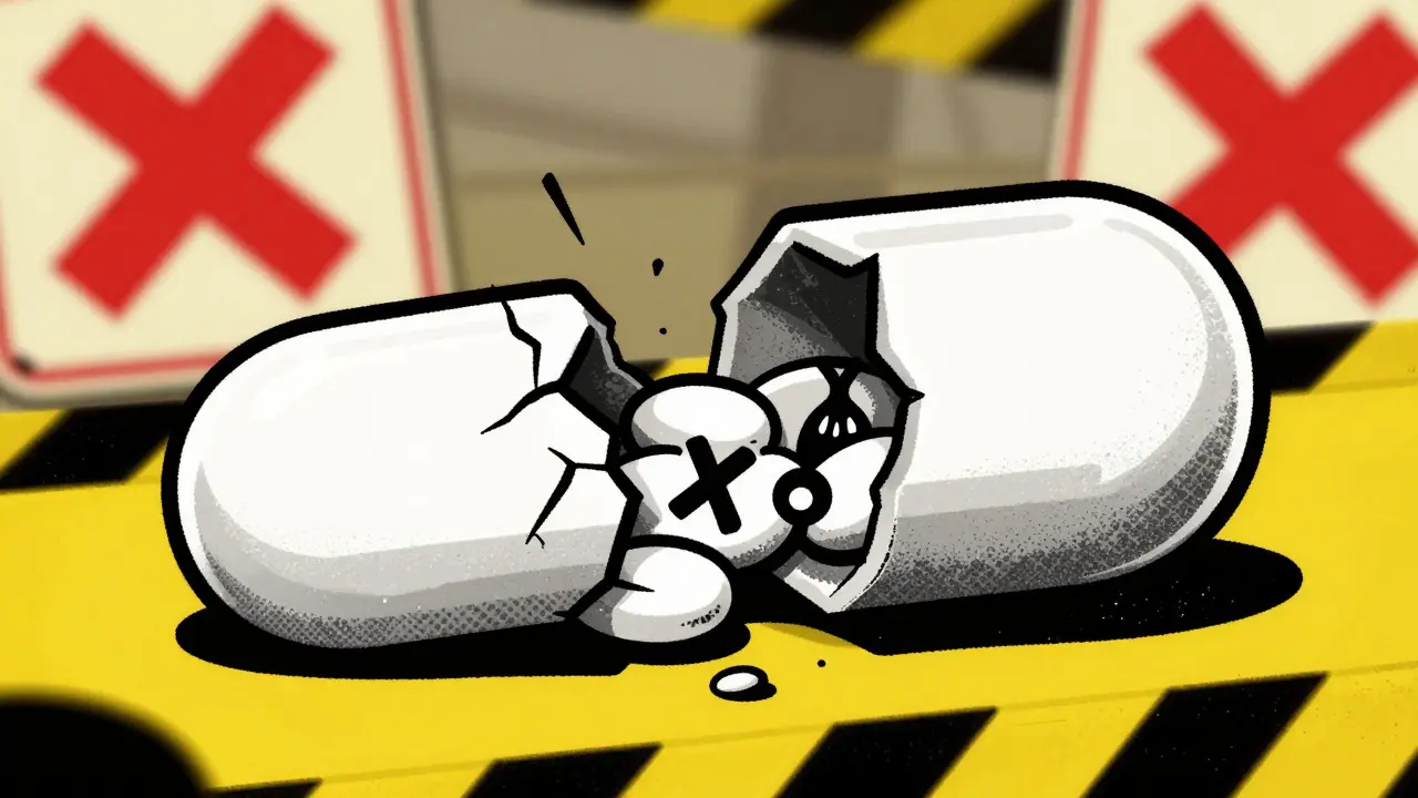 Cracked pill revealing dangerous counterfeit contents in a warning-style graphic.
