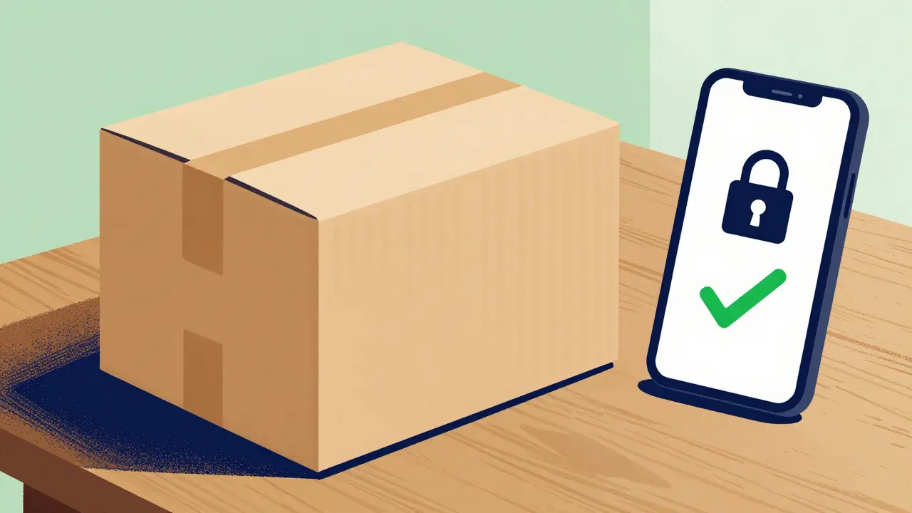 Discreet medication package and secure mobile verification icon
