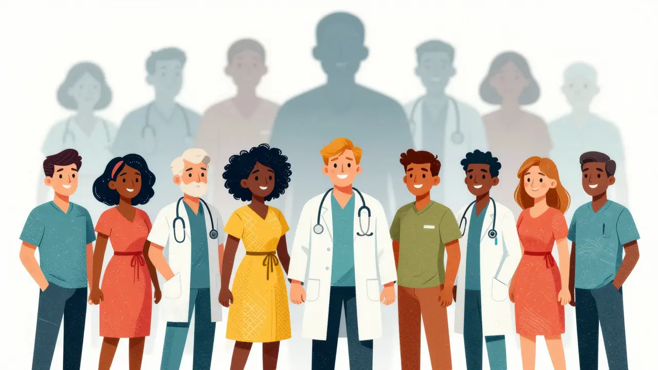 Diverse patients overshadowing generic trial figures in pop art style