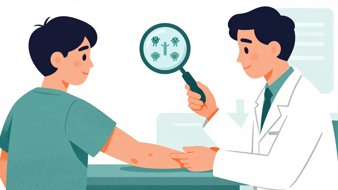 Doctor performing skin test on patient's arm with magnifying glass showing safe antibodies.