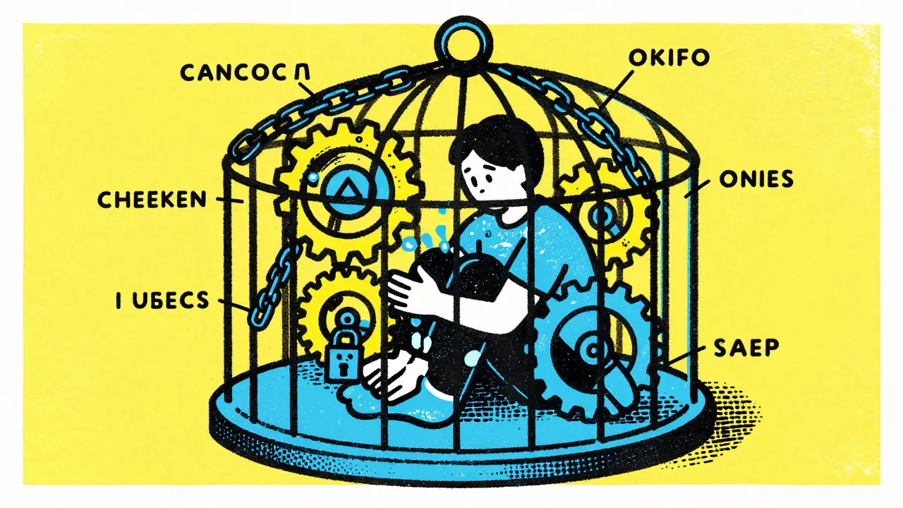 Figure trapped in mechanical gears symbolizing OCD compulsive cycles