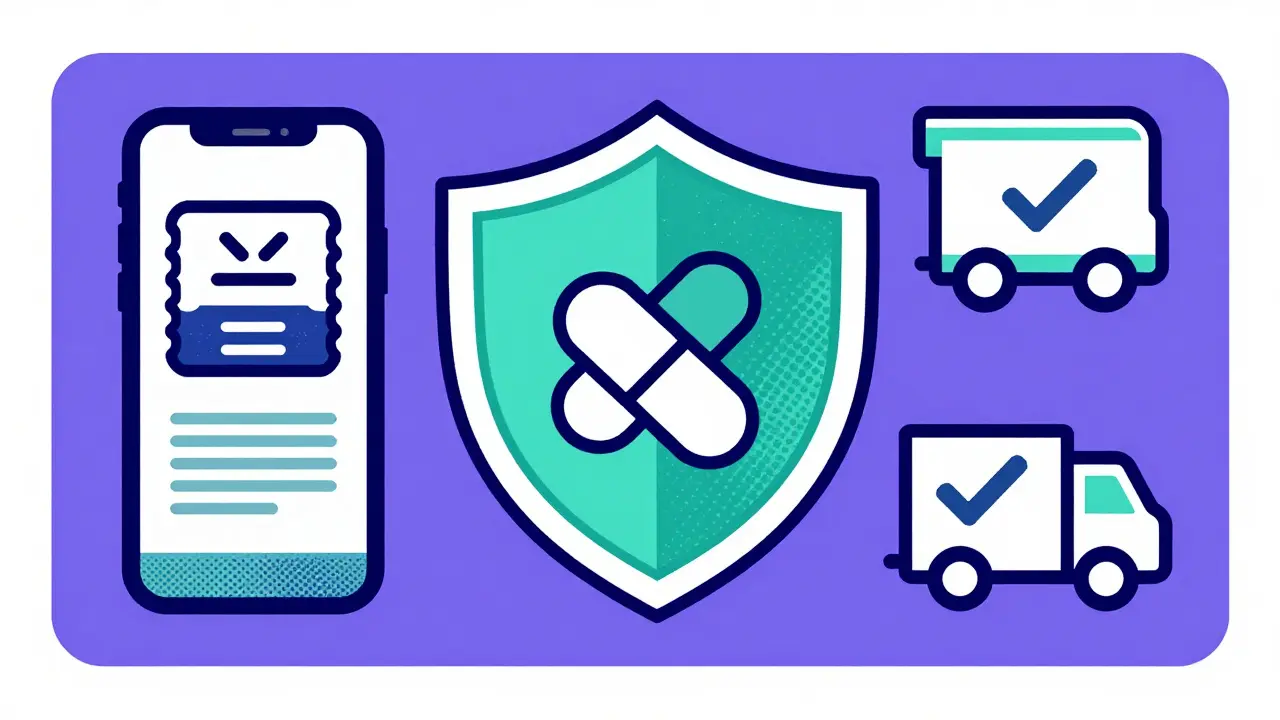 Graphic showing safe ways to buy medication online via coupons and telehealth
