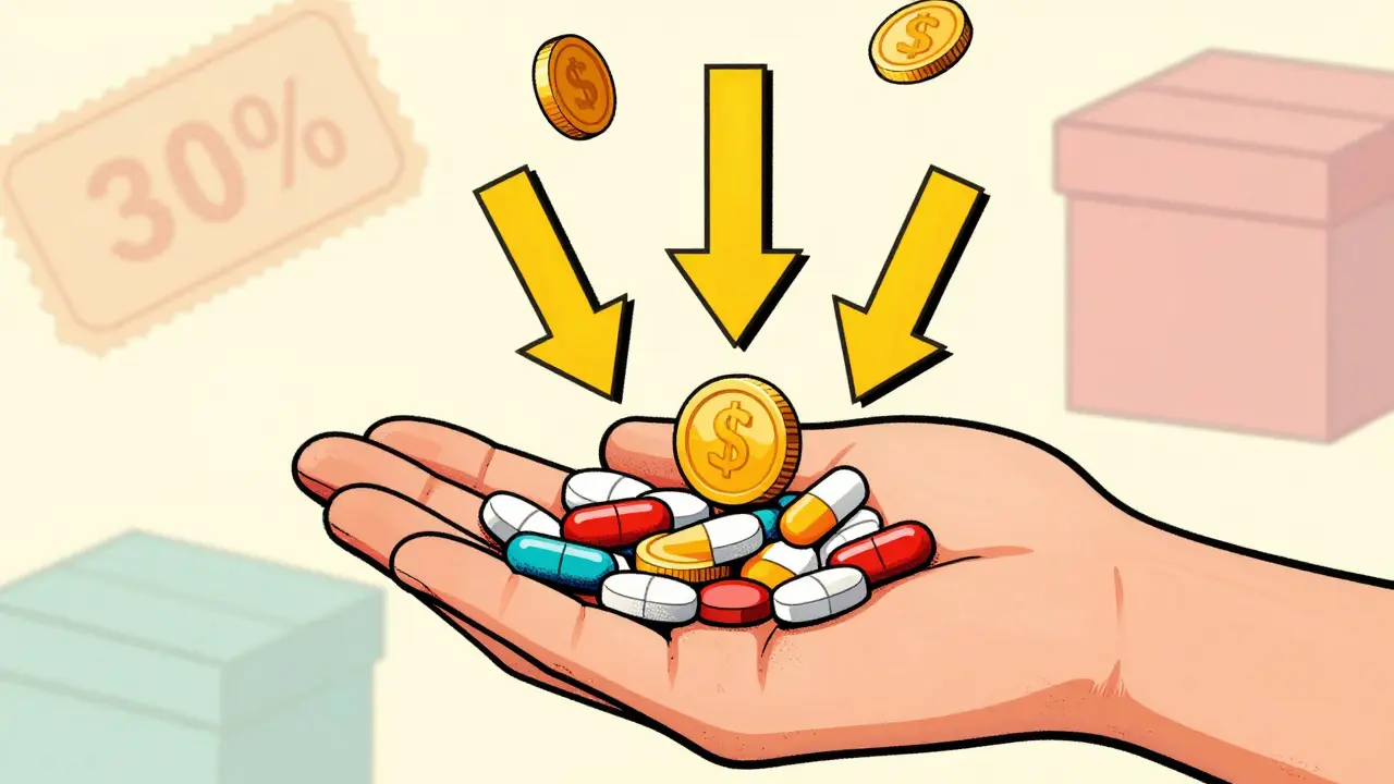 Hand holding various pills transforming into coins and savings symbols