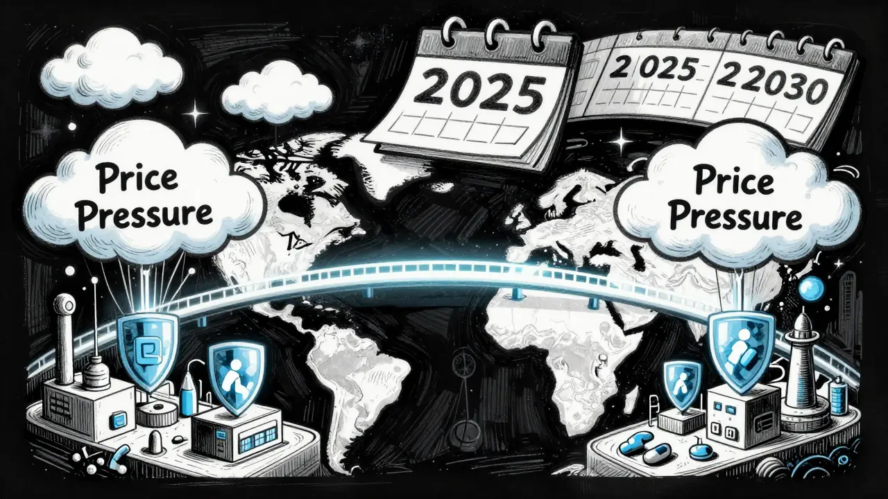 Illustration of global standardization bridge connecting pharmaceutical markets
