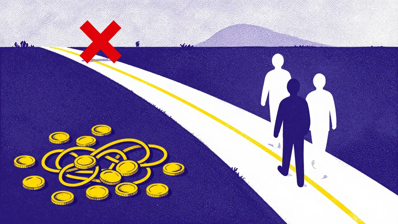 Illustration of two paths: one tangled with costs, one clear for effective treatment.