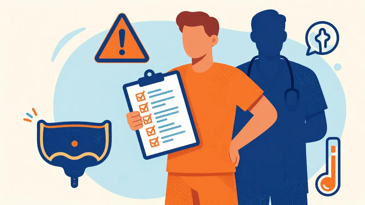Patient reviewing safety checklist with doctor in bold screenprint style