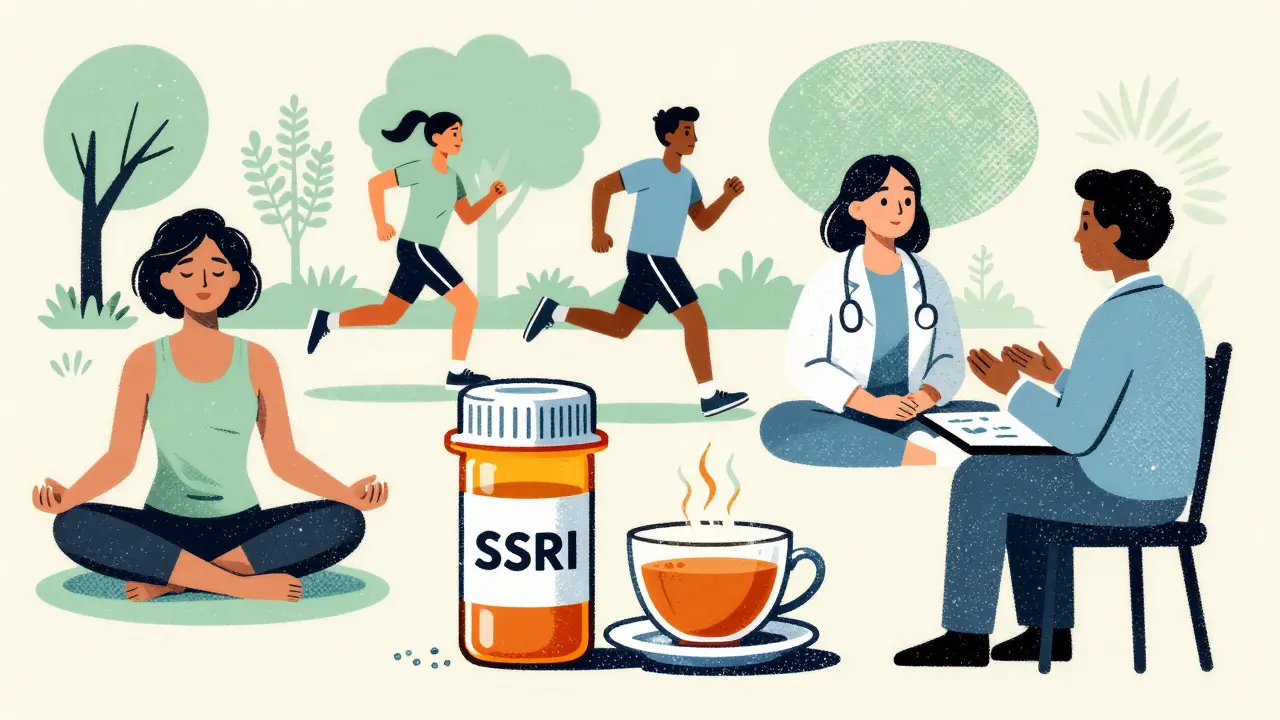 People practicing wellness and therapy as safe alternatives to anxiety medication.