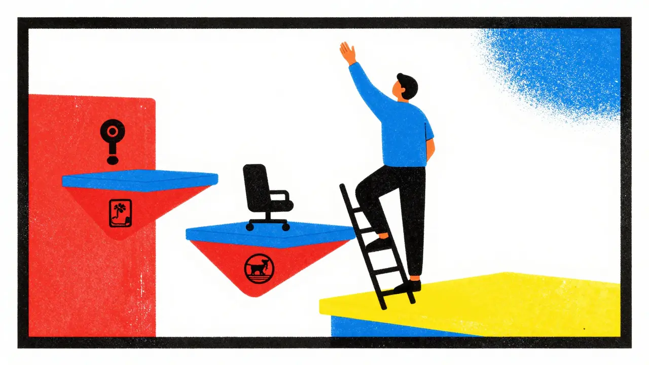 Person climbing a ladder of fears toward freedom in ERP therapy