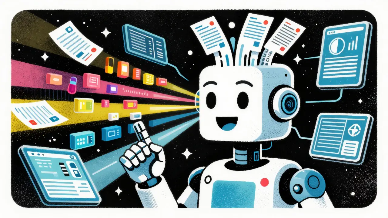 Robot processing data streams and reports, illustrating AI in modern drug safety surveillance systems.