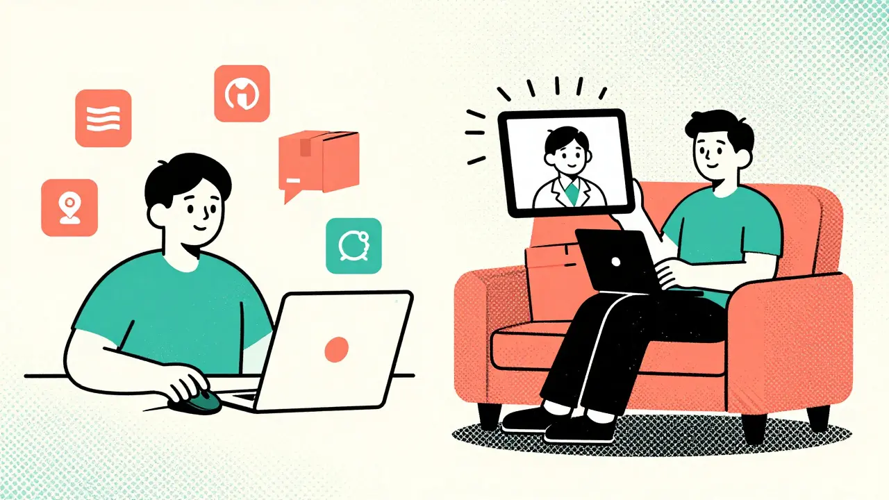 Split view of online shopping for meds versus a telehealth video call