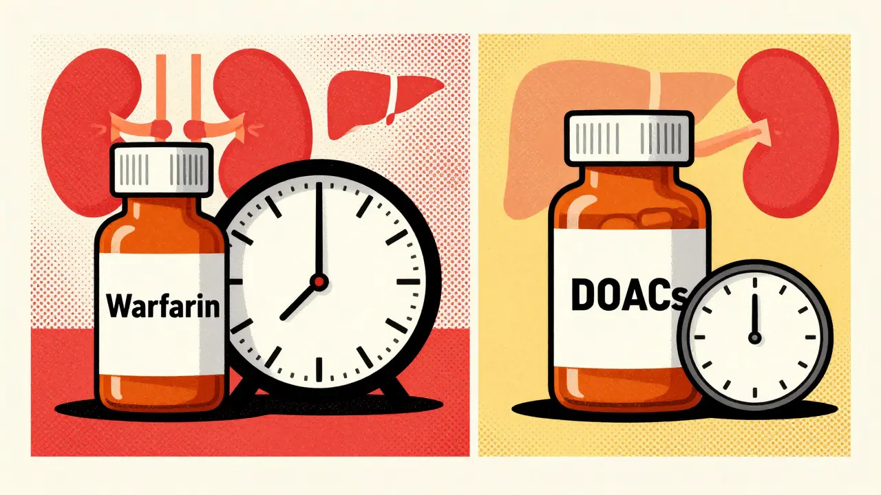 Stylized poster comparing anticoagulant timing protocols and kidney function