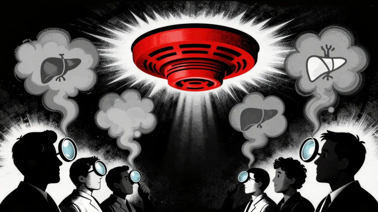 Stylized smoke alarm emitting medical icon smoke, symbolizing drug safety signals needing investigation.