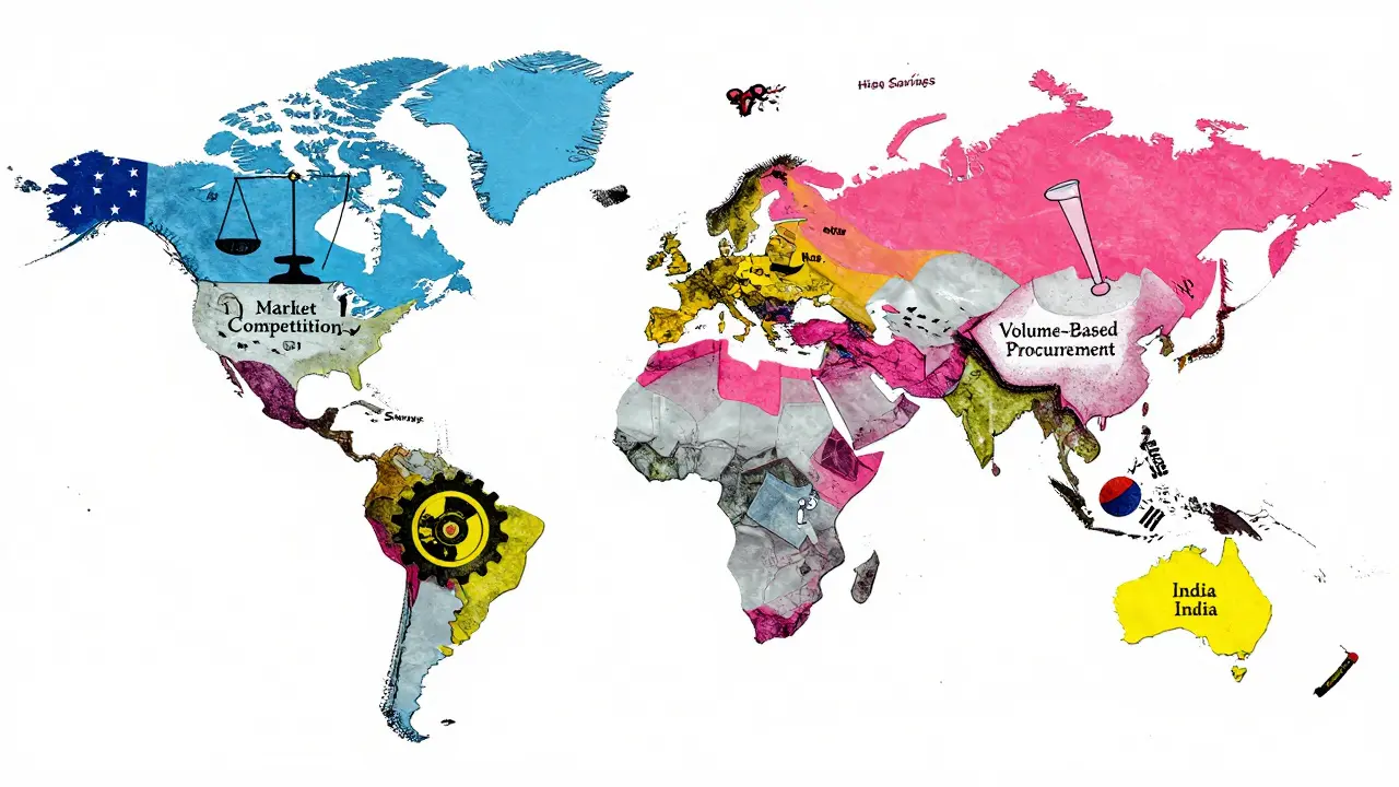 World map cartoon showing different national generic drug policies