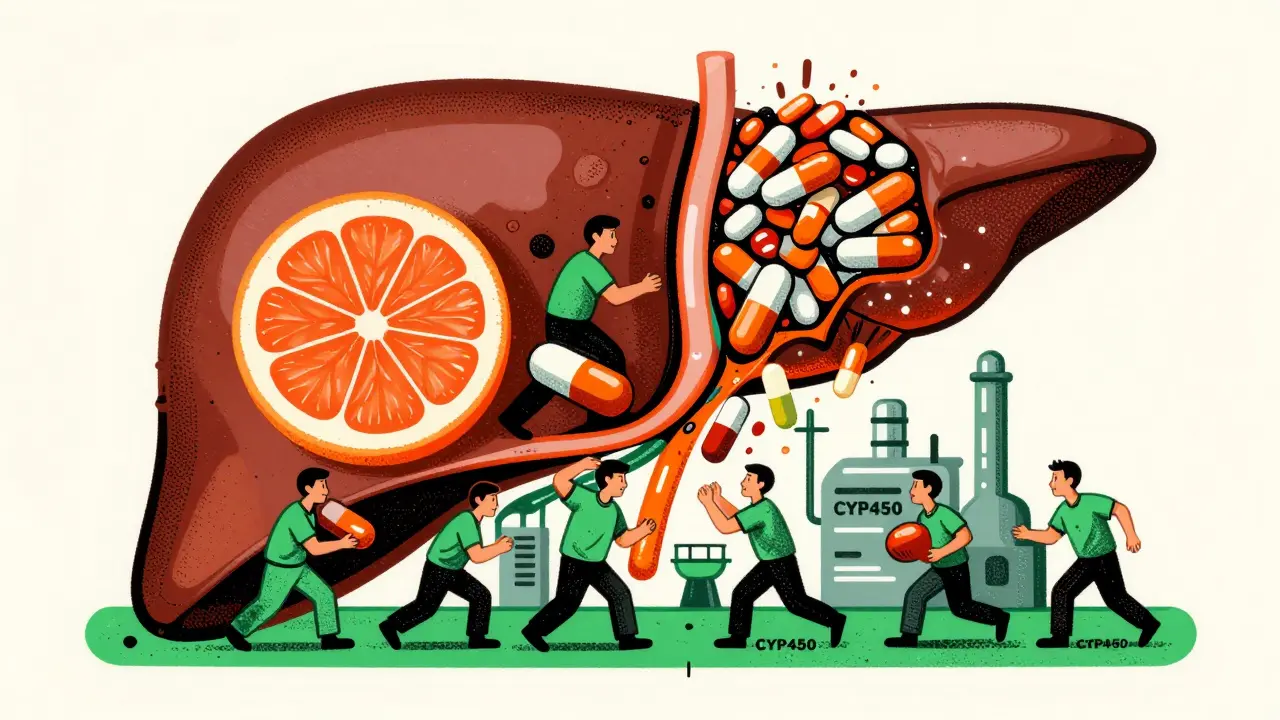 Factory-style illustration of liver enzymes struggling with drug metabolism.