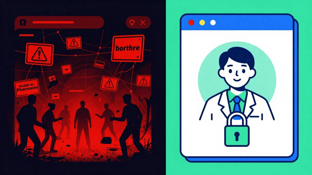 Graphic showing safe vs unsafe online pharmacy sites
