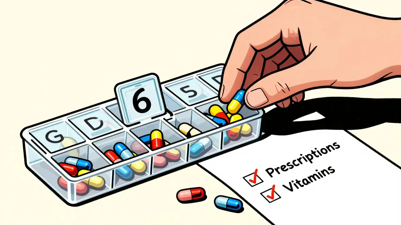 Hand sorting colorful pills into a weekly organizer next to a checklist
