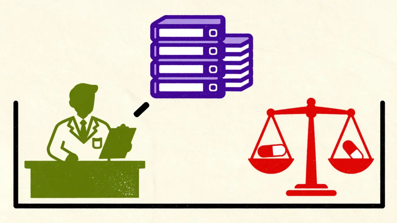 Icons representing database check, pharmacist consultation, and price compare