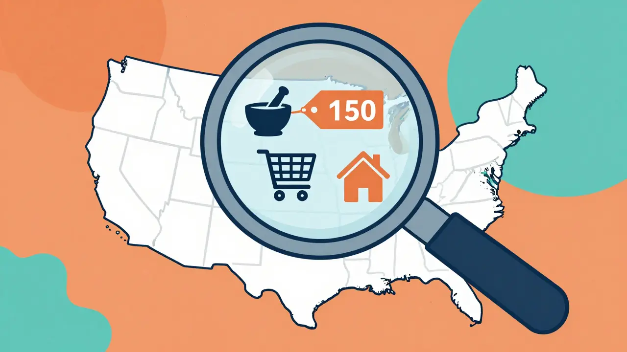 Magnifying glass comparing pharmacy prices on a US map illustration
