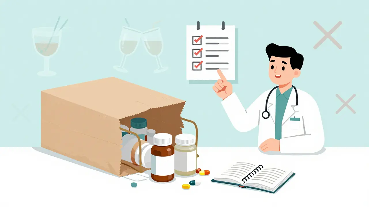 Open brown bag with medications being reviewed for safety by a healthcare provider.