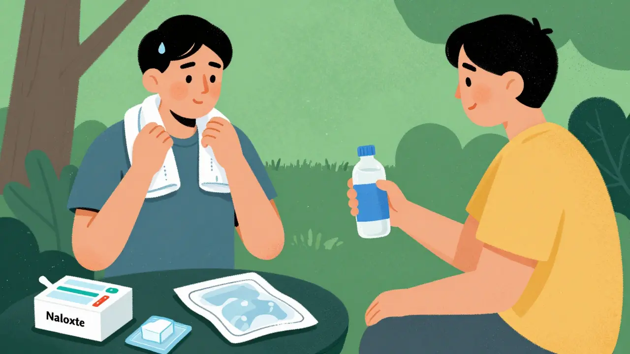 People cooling down with towels and electrolytes