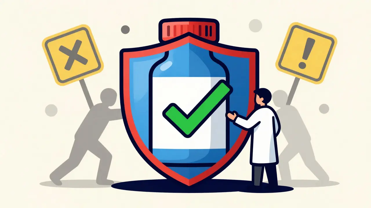 Shield protecting medicine bottle from counterfeit risks in cartoon style