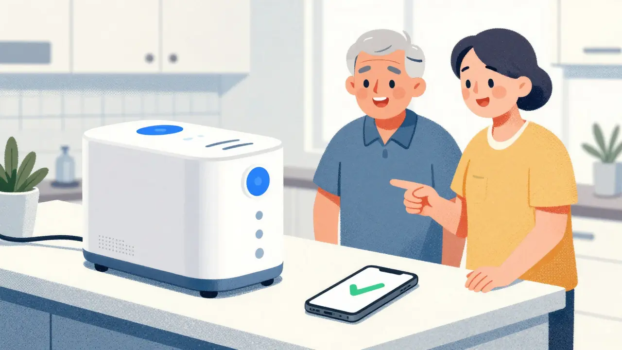 Smart pill dispenser on counter with caregiver and patient reviewing it