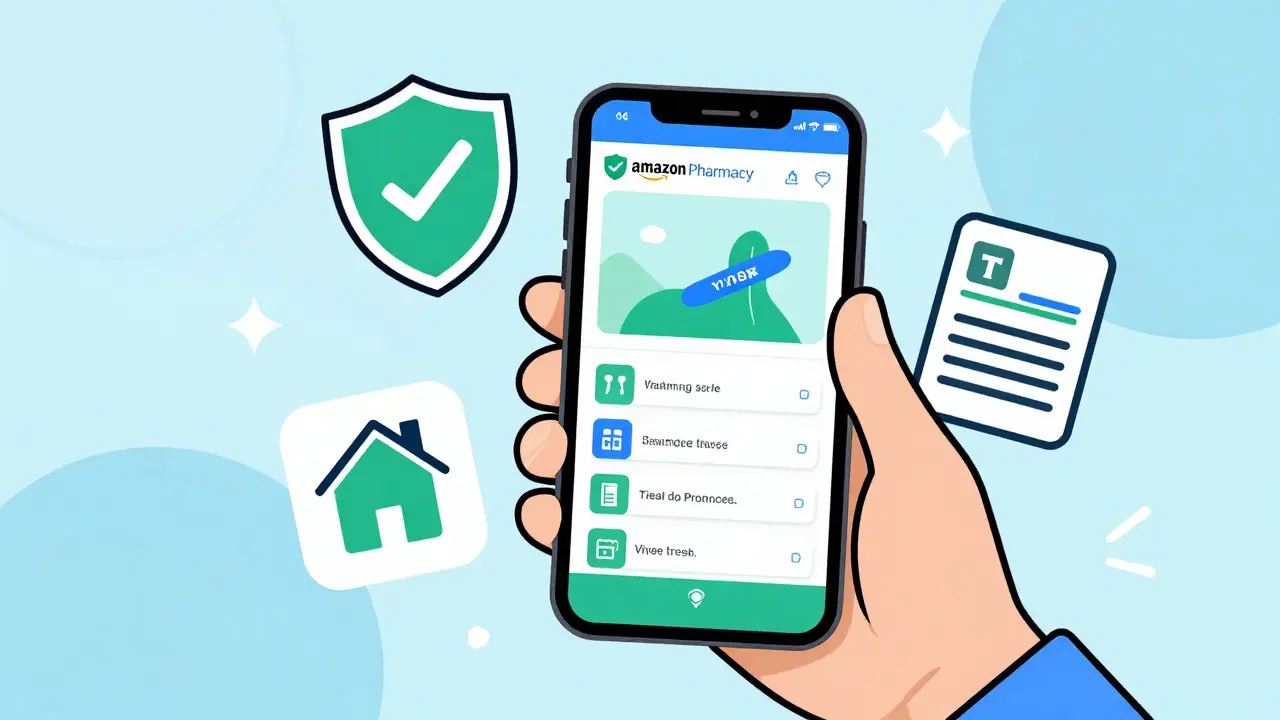 Smartphone showing safe online pharmacy verification symbols