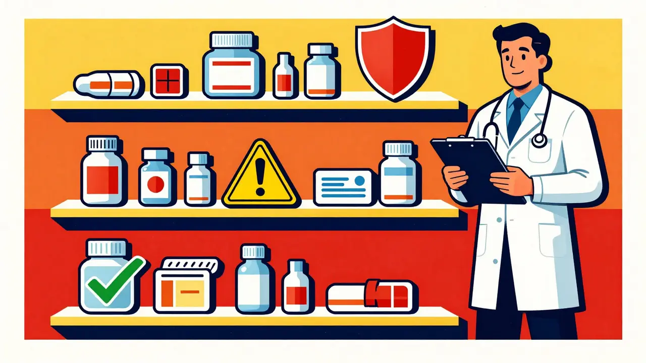 Three-tiered medication safety system with checkmarks and shields